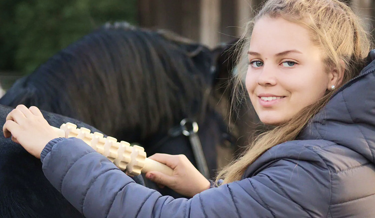 Mädchen kämmt ein Pferd